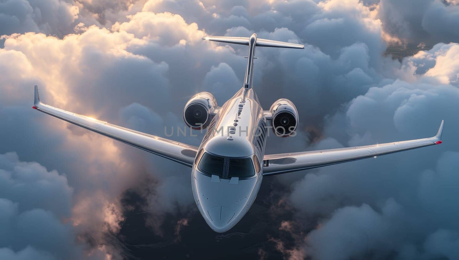 Commercial airplane flying above the clouds.