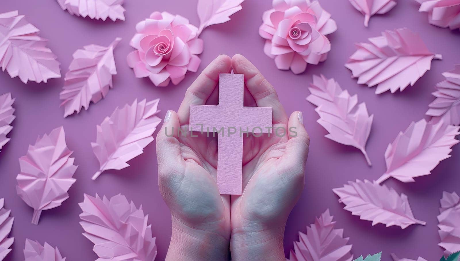 Female hands holding a pink christian cross surrounded by pink paper flowers.