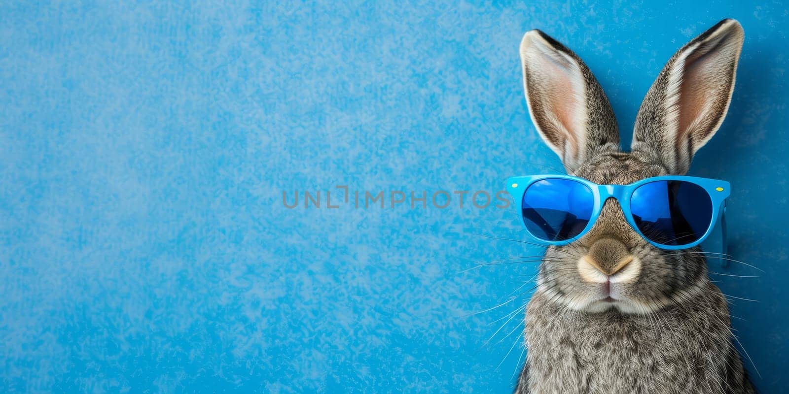 Close up portrait of a gray bunny wearing blue sunglasses against a blue background. Concept of happy easter and spring.