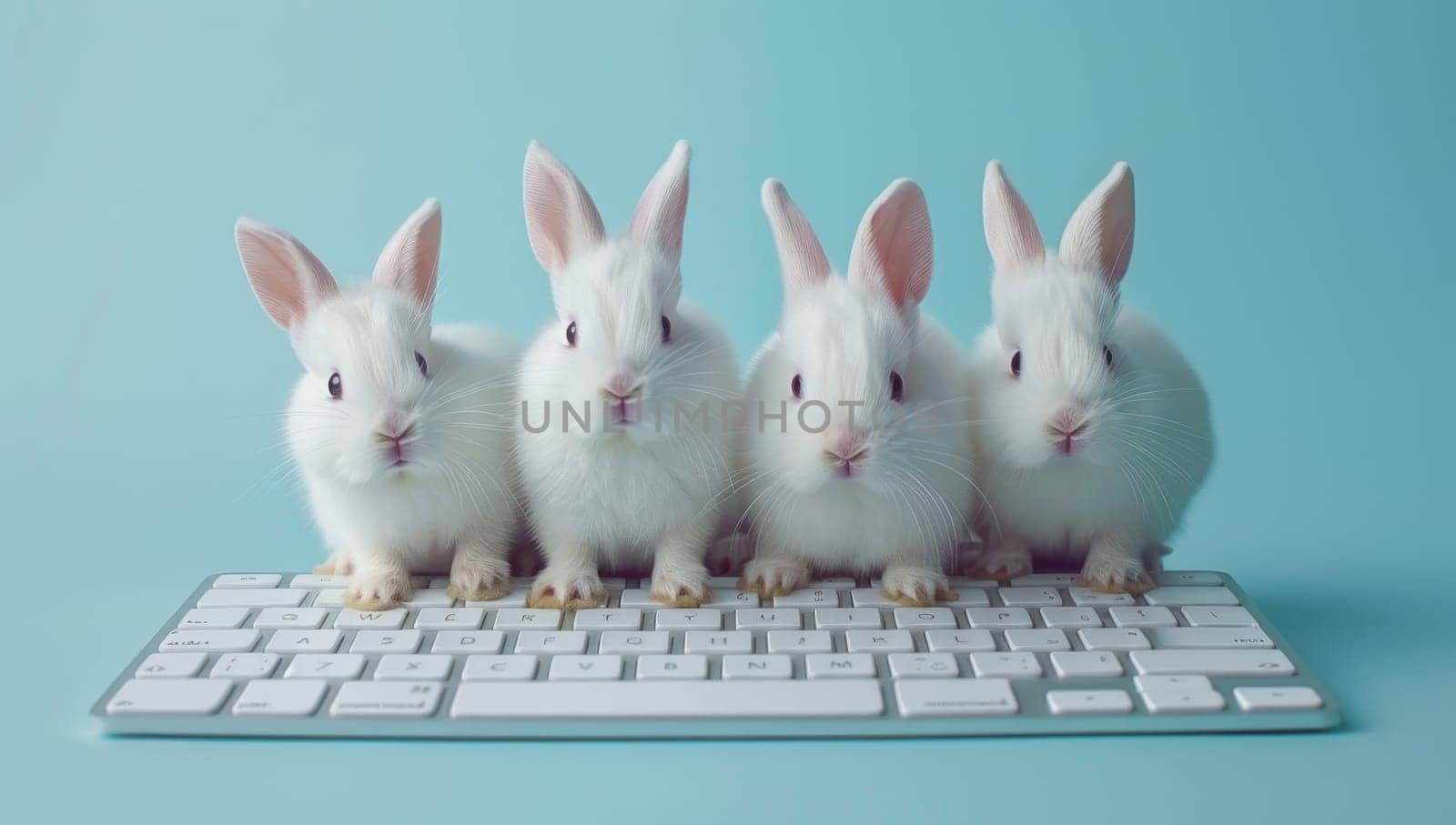 Group of white rabbits sitting on a computer keyboard on a blue background by ailike