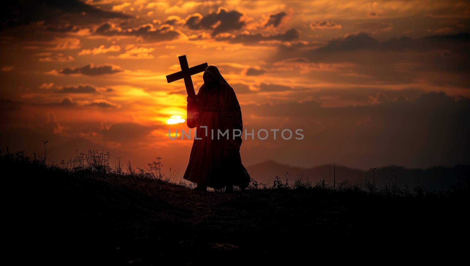 Silhouette of a man holding a cross at sunset background.