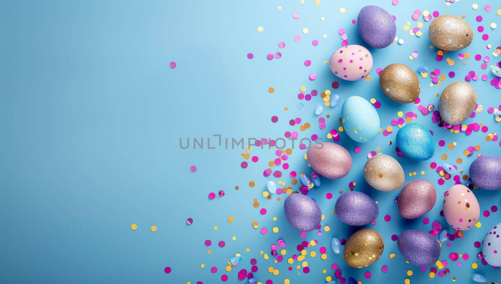 Colorful Easter eggs on blue background with confetti