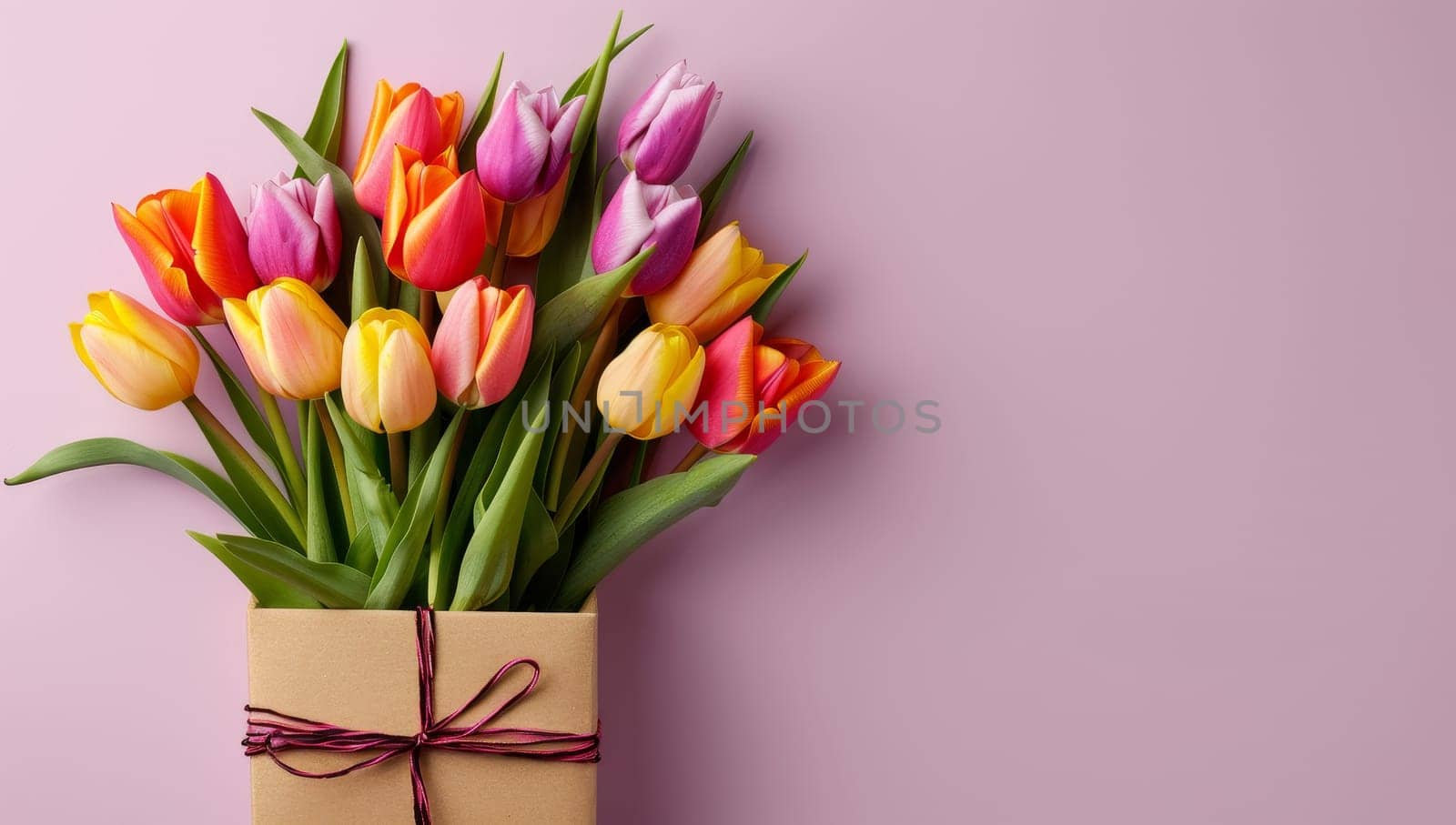 Bouquet of tulips in a gift box on a pink background
