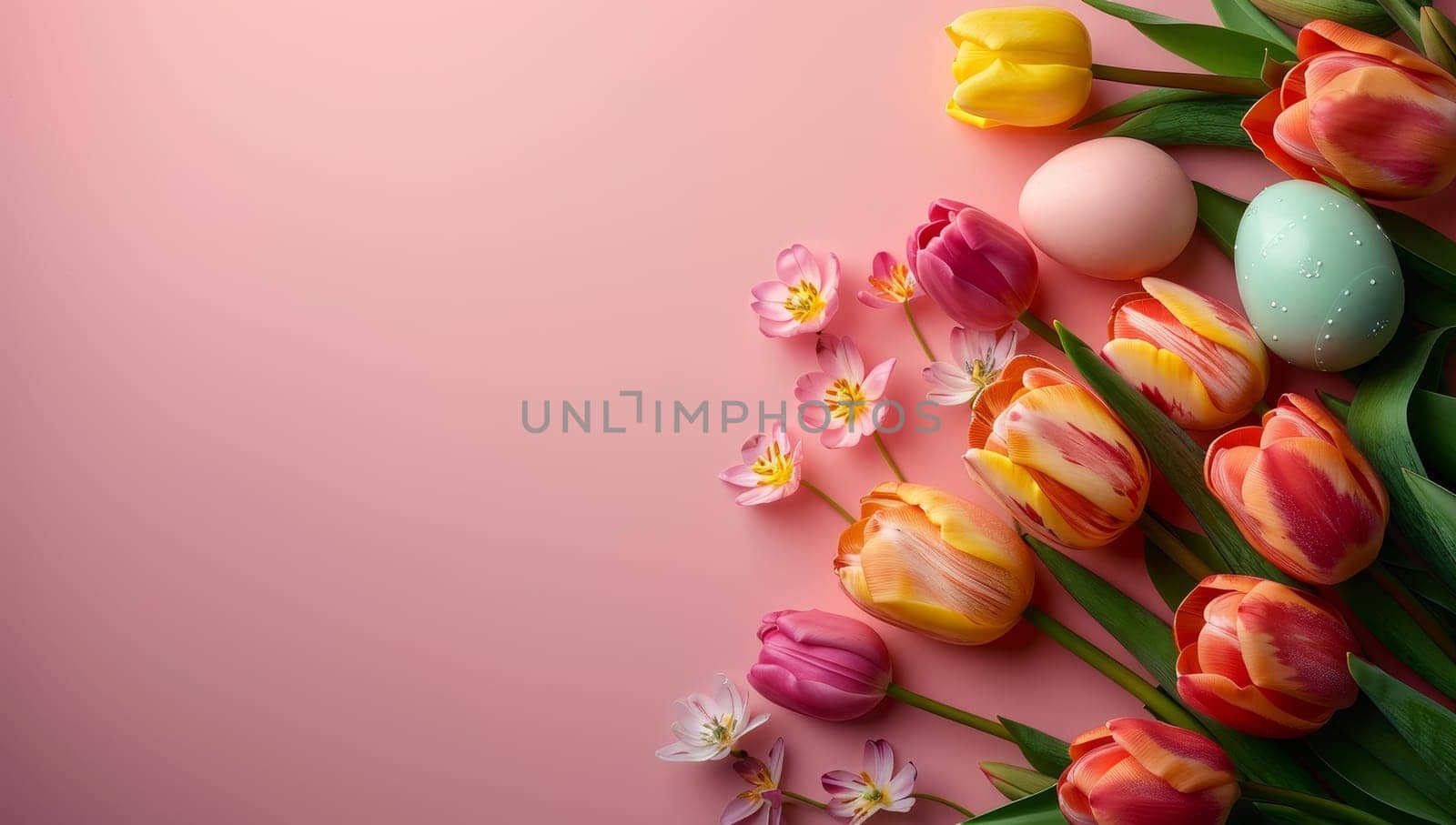 Easter eggs and tulips on pink background. Top view.