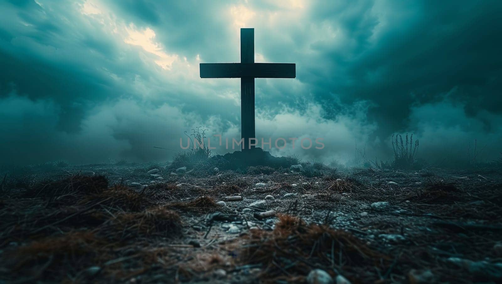Cross in the cemetery. Halloween concept. 3D Rendering.