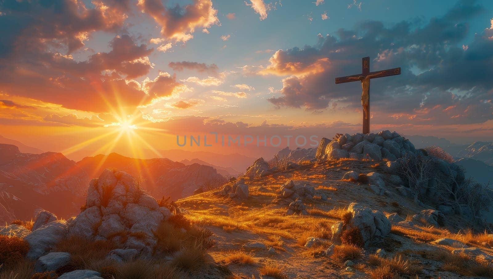 The cross on the mountaintop at sunrise.