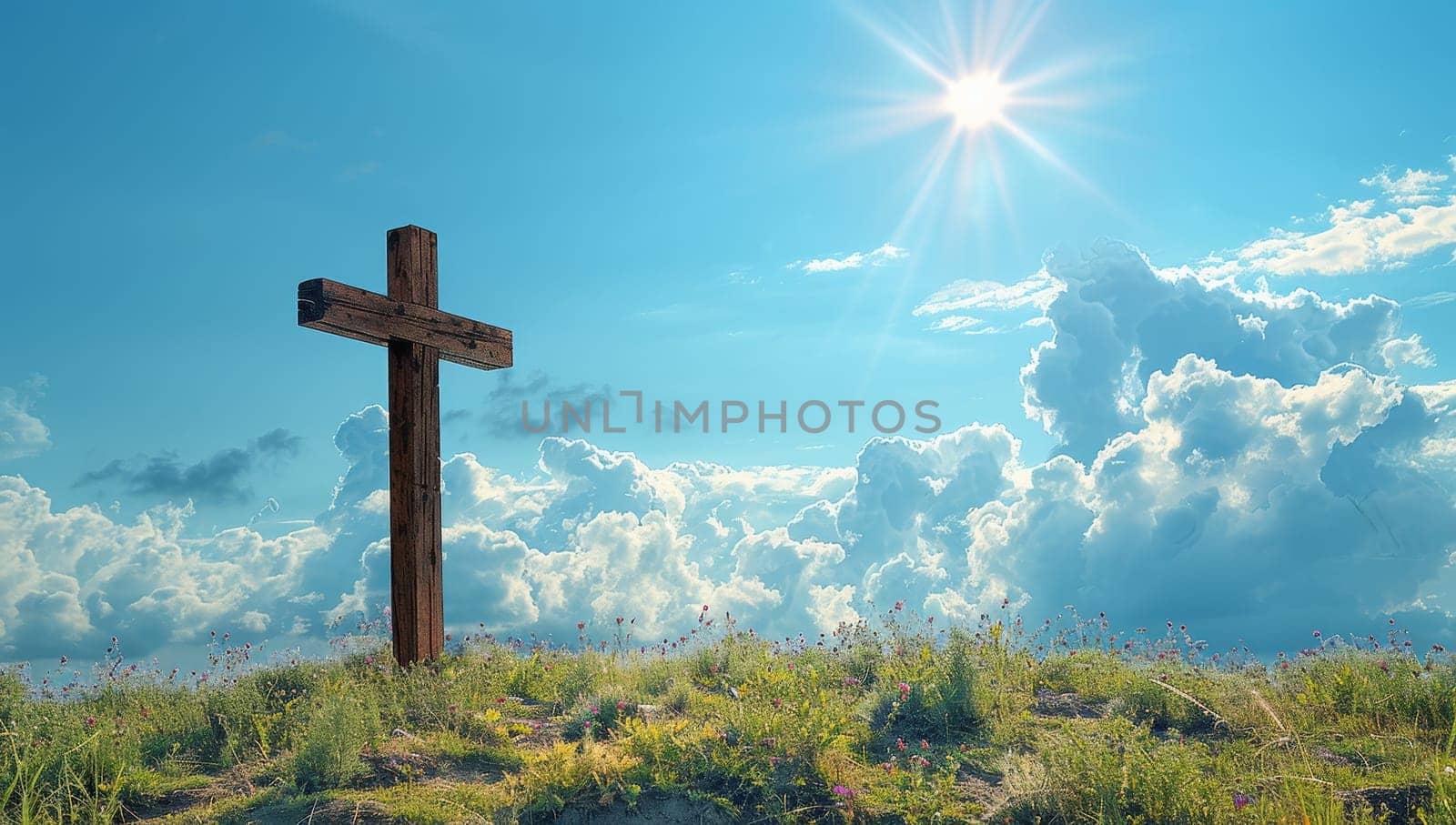 Wooden Cross on Green Hill Under Blue Sky