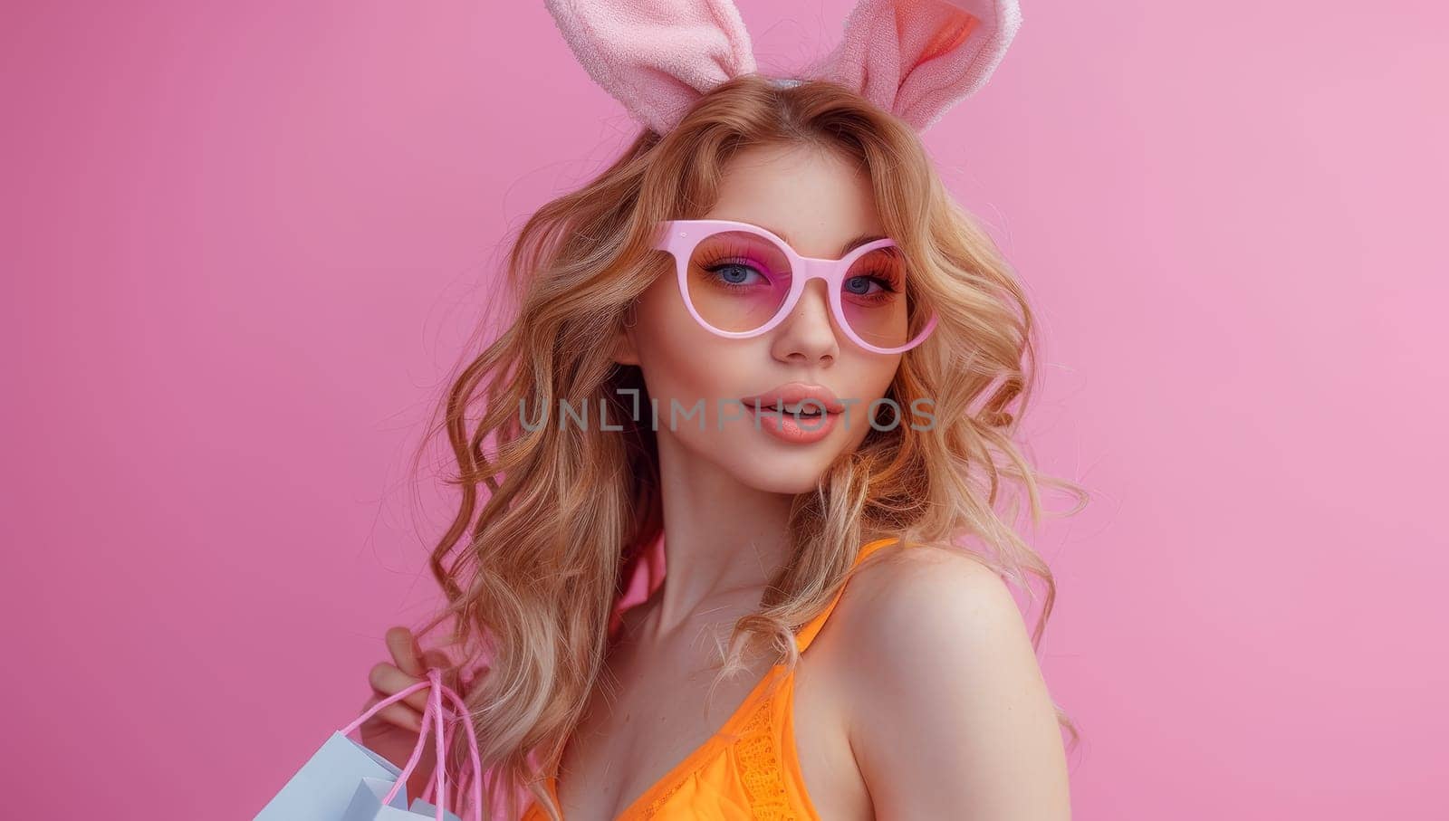 beautiful blonde girl in bunny ears with shopping bags on pink background