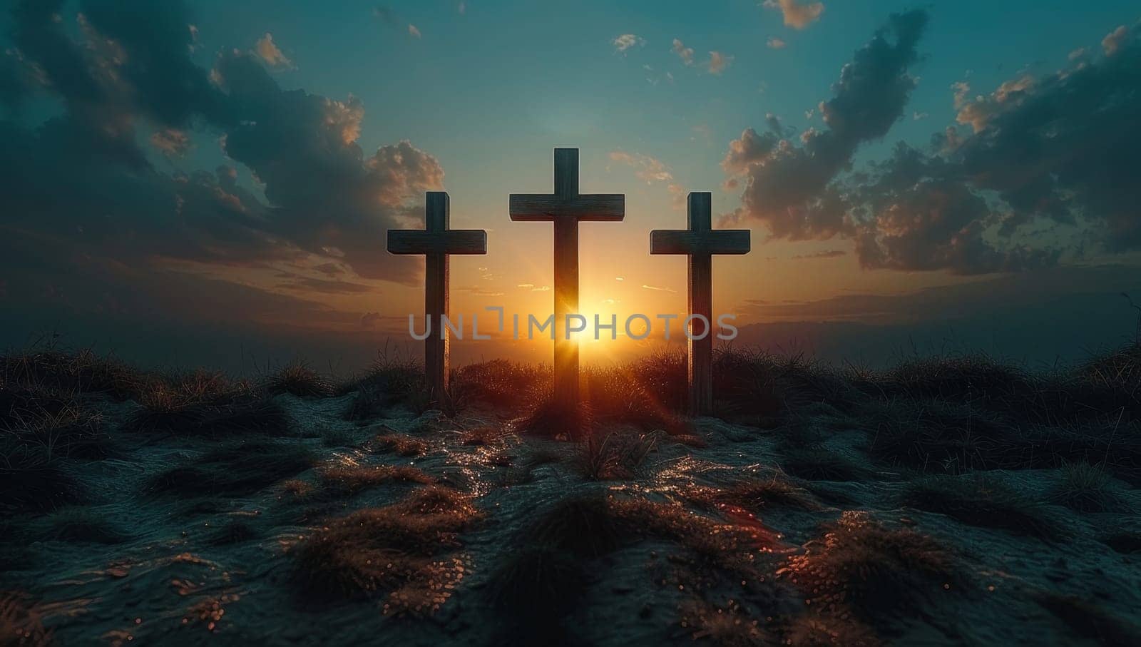 Three wooden crosses on a hill at sunset