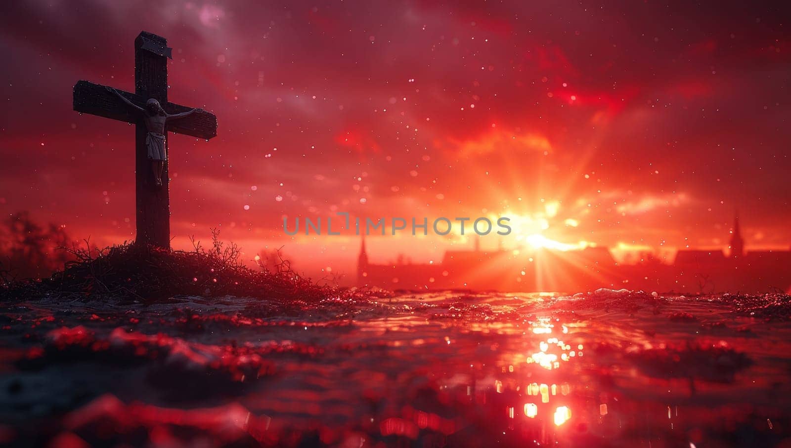 The crucifixion of Jesus Christ on a hill at sunset with red sky