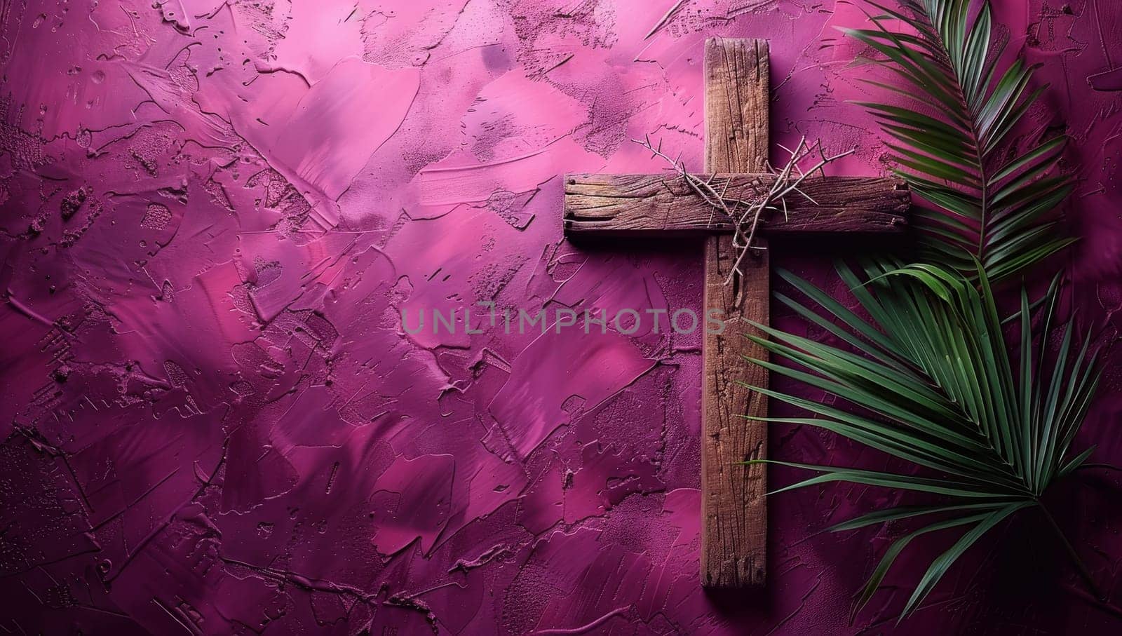 Wooden cross with palm leaf on grunge pink background. Copy space