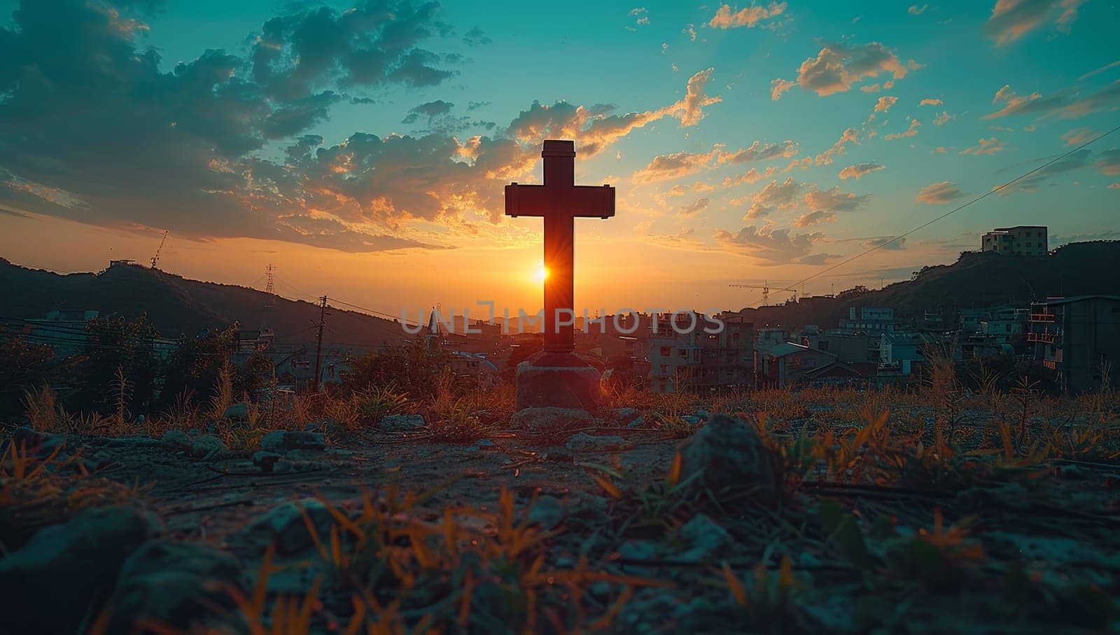 An old rugged wooden cross stands on a hill at sunset with a beautiful sky full of clouds in the background. The cross is a symbol of Christianity and the resurrection of Jesus Christ.