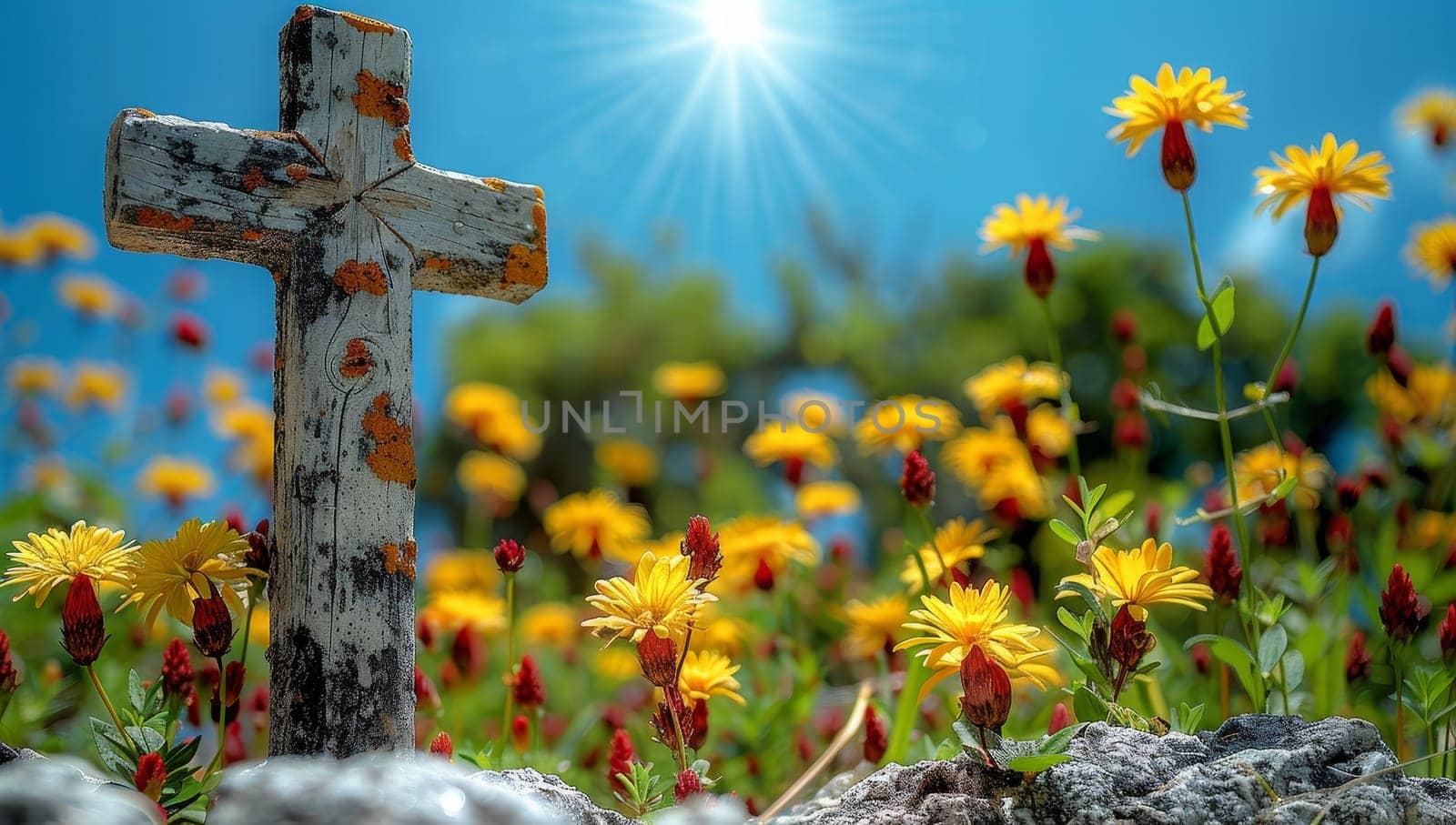 Cross and flowers in a meadow on the background of the sun