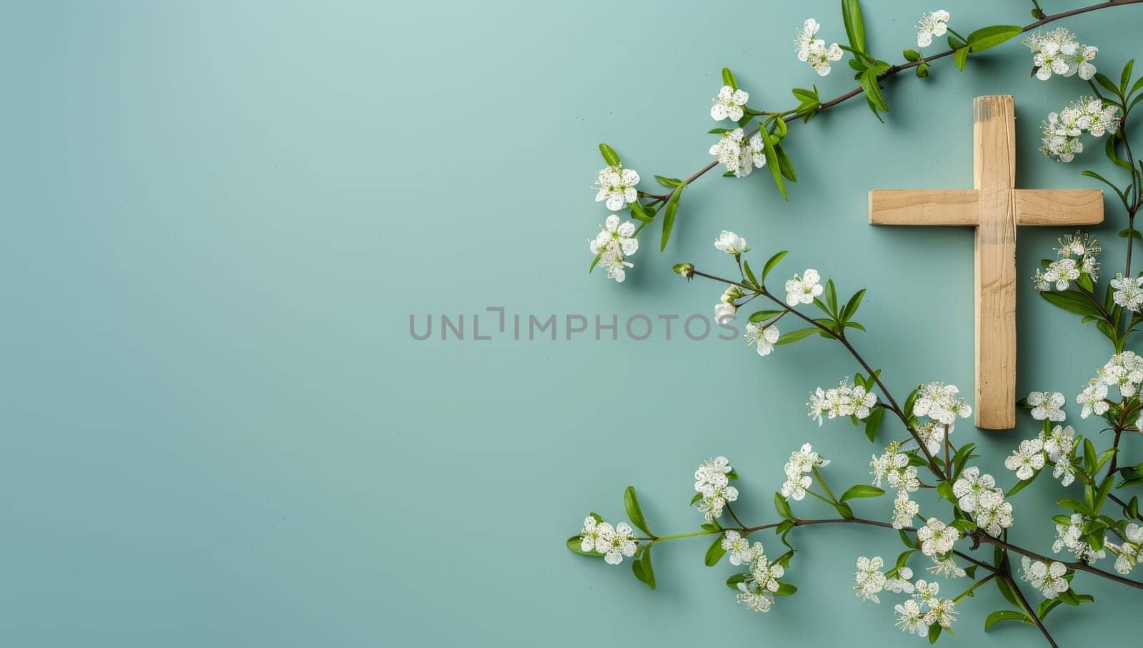 Wooden cross and white flowers on blue background with copy space.