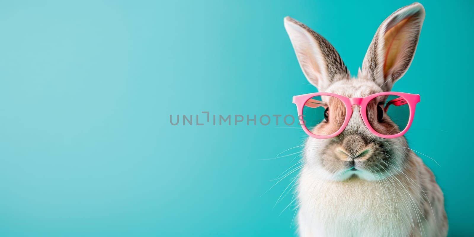 Easter bunny wearing pink glasses on blue background with copy space.