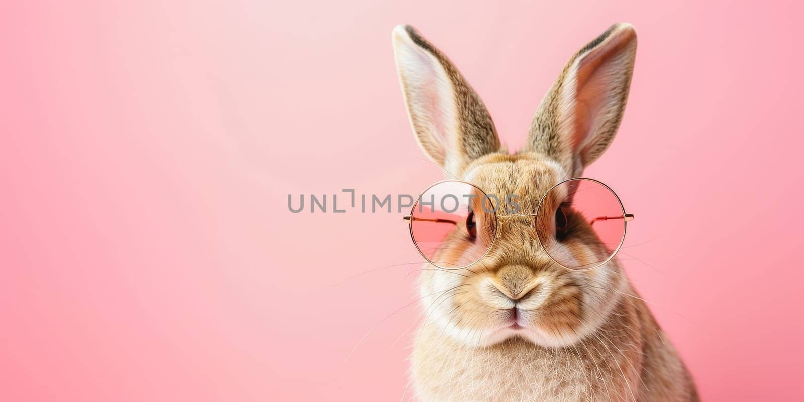 Cute bunny in sunglasses on color background, closeup. Space for text