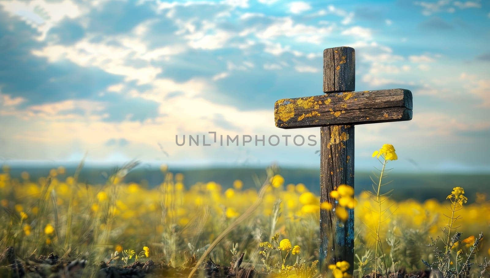 Old wooden cross in a field of yellow flowers at sunset. Cross on a background of yellow flowers