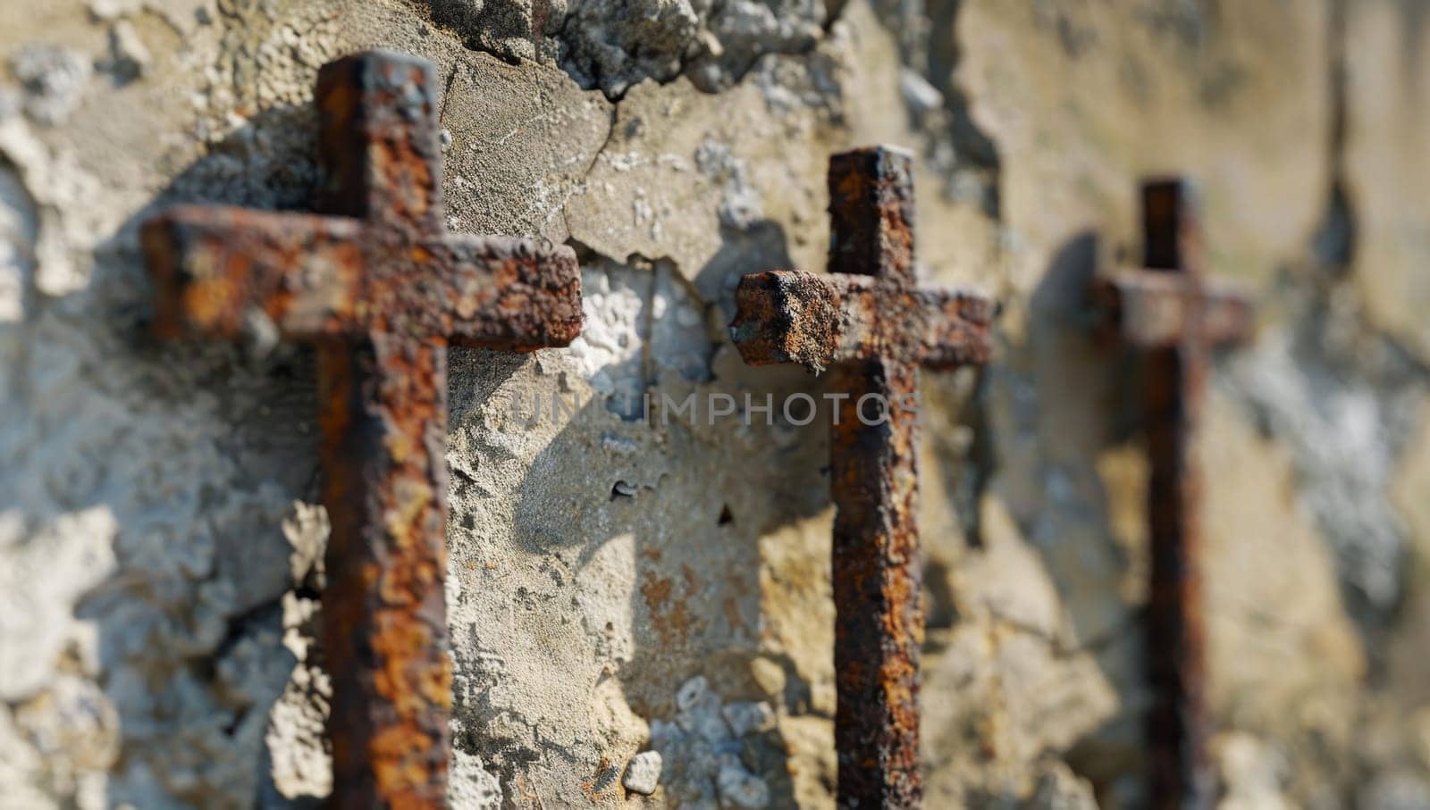 Three Rusty Metal Crosses on Weathered Concrete Wall