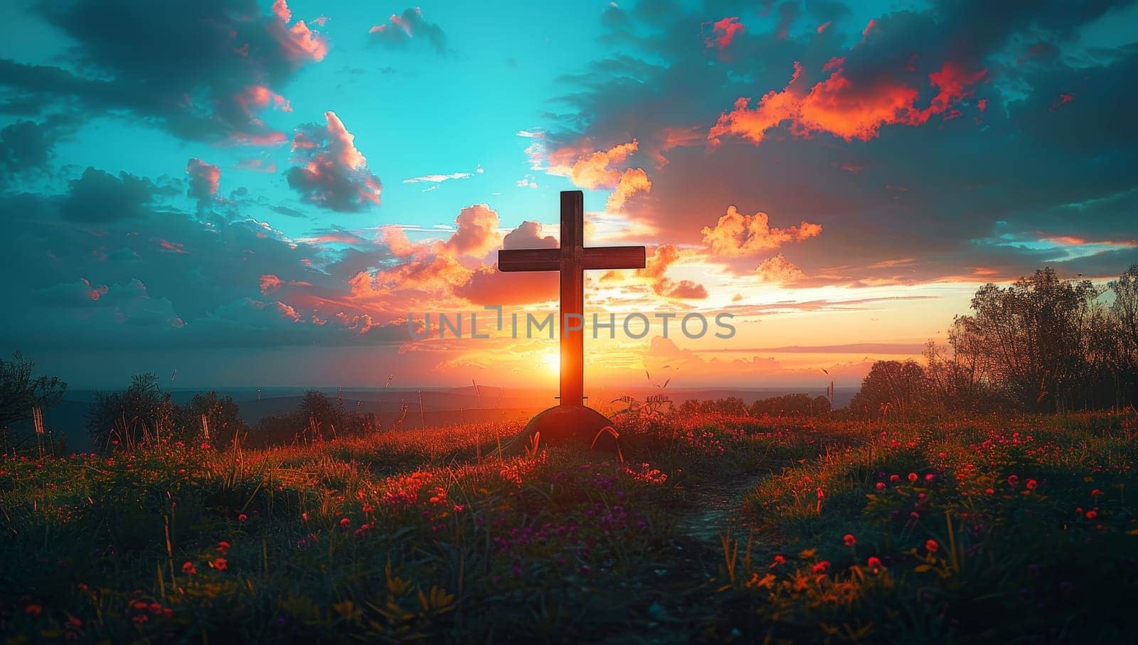 Cross on the meadow at sunset.