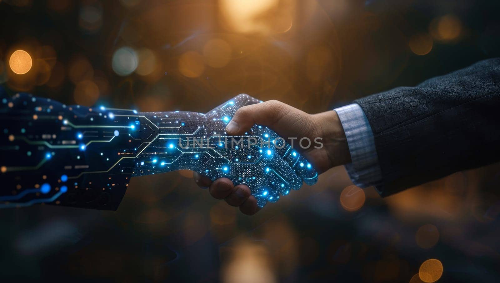 Digital handshake between businessman and robot