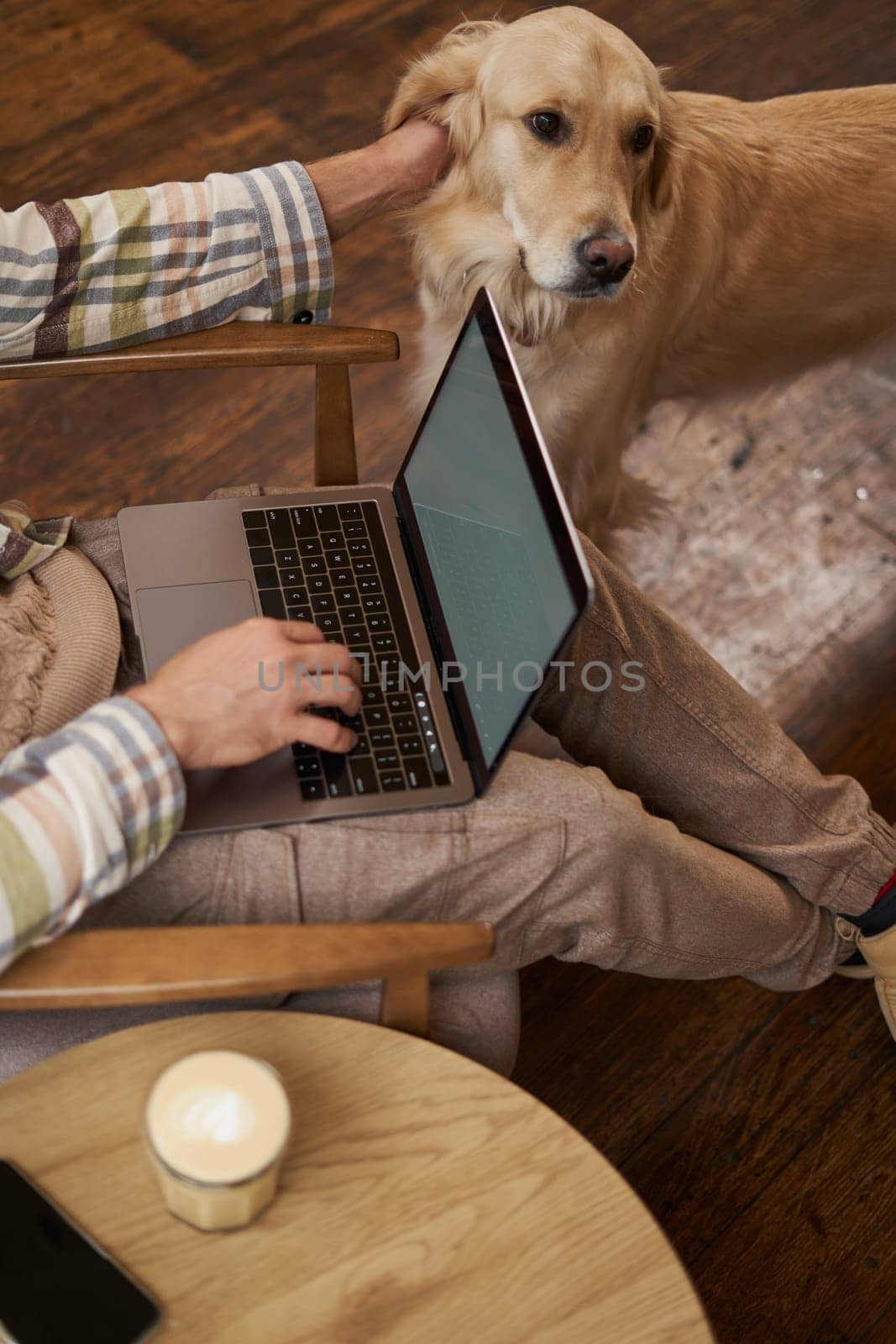 Vertical cropped picture of male hands typing on keyboard, using laptop and petting the dog, cafe visitor working and spending time with his puppy.