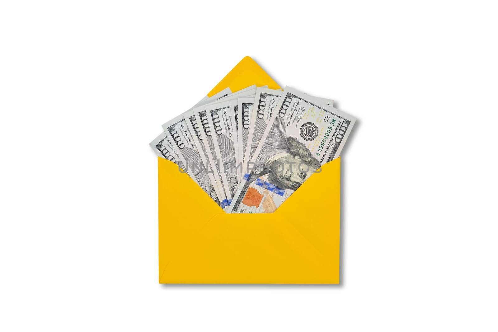 Yellow envelope full of one hundred dollar bills isolated on white background. Money in envelope. Concept of bribe, dirty money, salary or profit