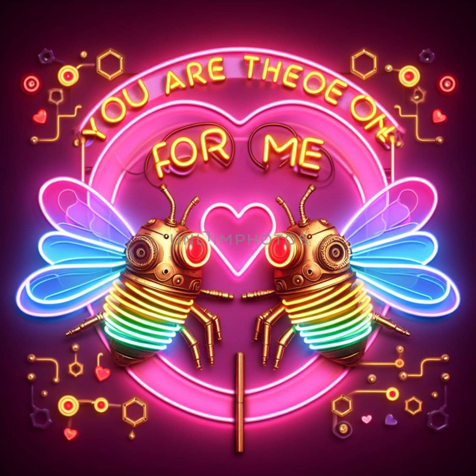 steampunk bee king and queen in love neon sign valentines illustration concept rusty background by verbano