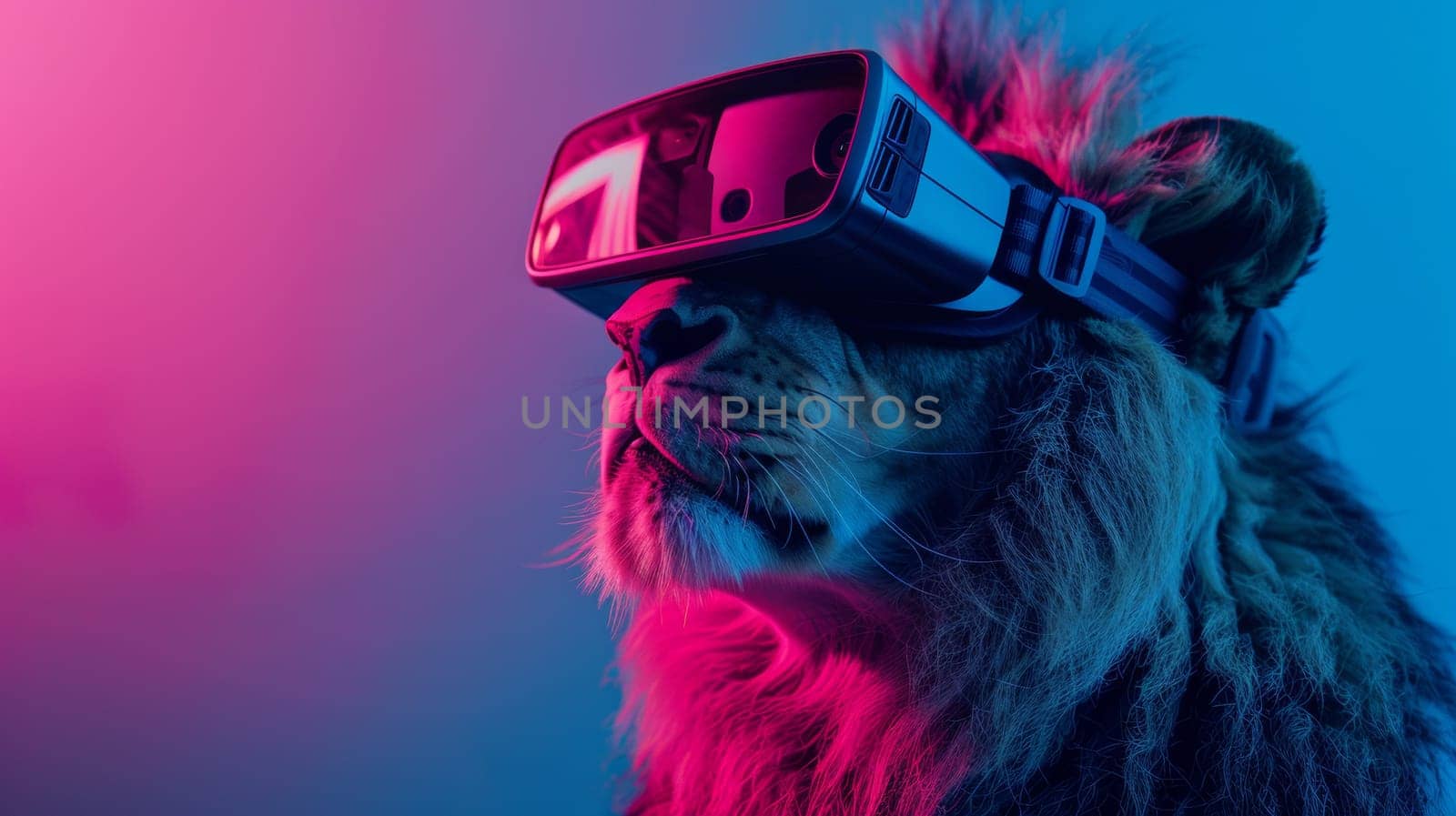 A lion wearing a virtual reality headset with pink and blue colors