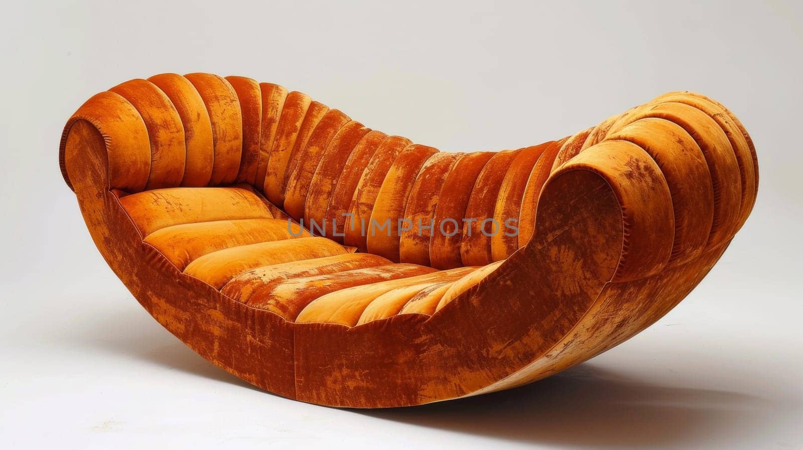 A curved chair with orange and brown stripes on the seat