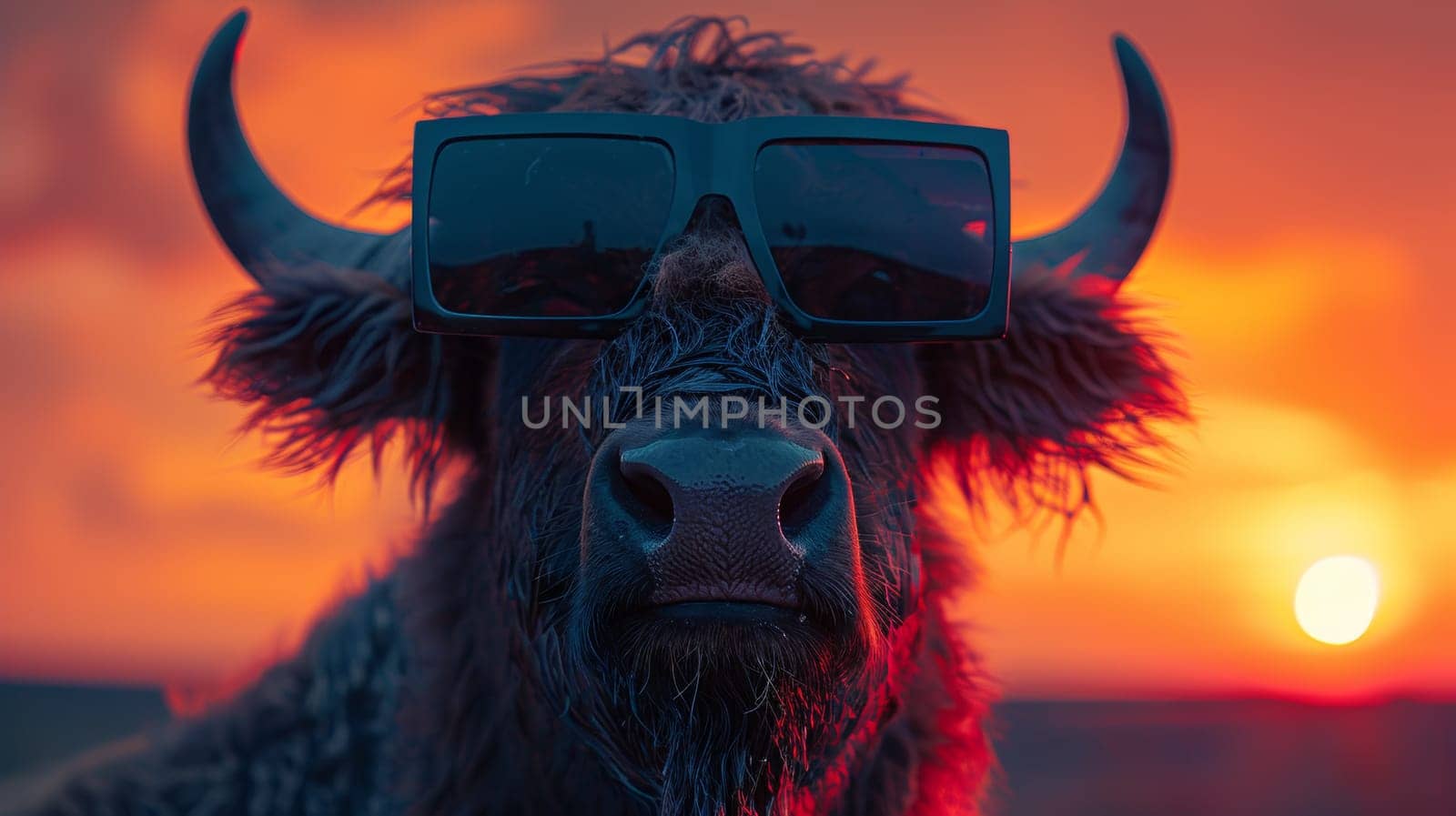 A close up of a cow wearing sunglasses with the sun setting behind it, AI by starush