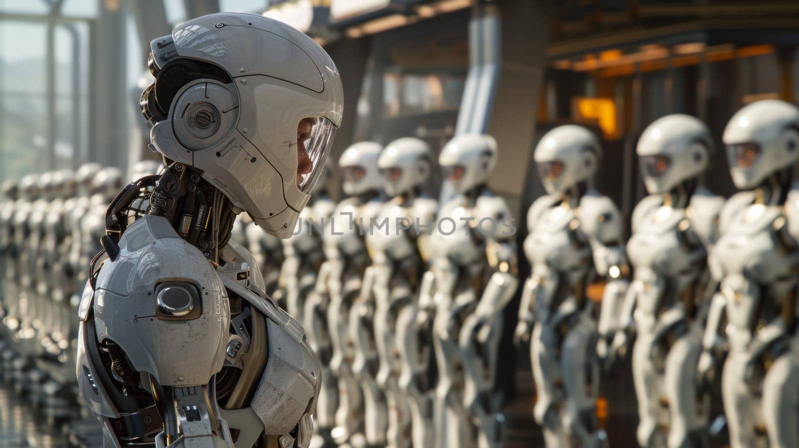 A man in a white suit standing next to rows of robots
