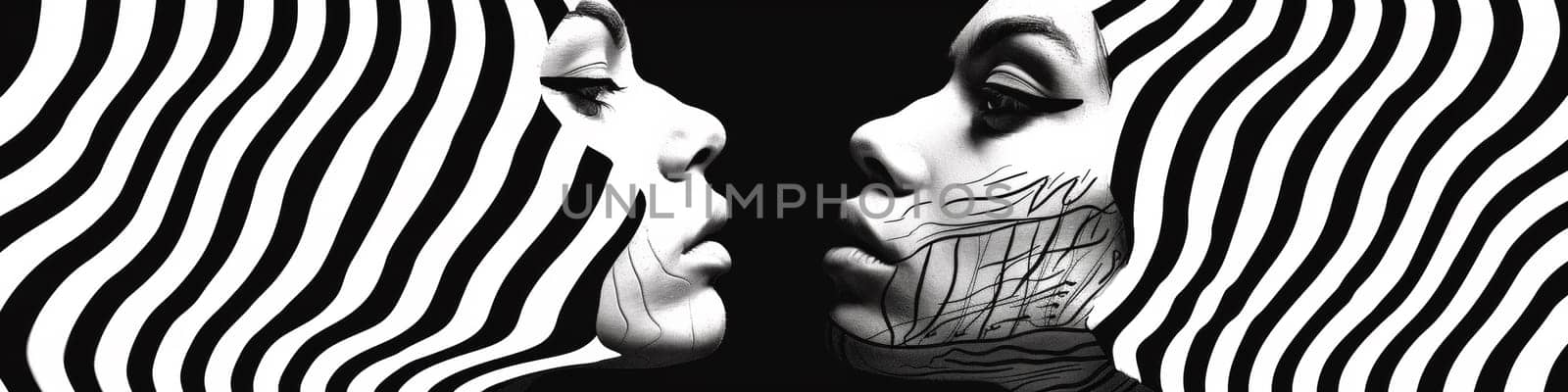 A black and white photo of two women with their faces covered by stripes, AI by starush