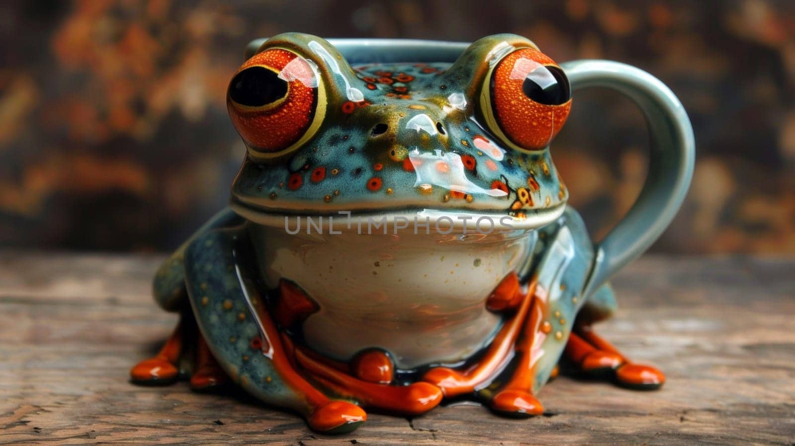 A ceramic mug with a frog sitting on top of it