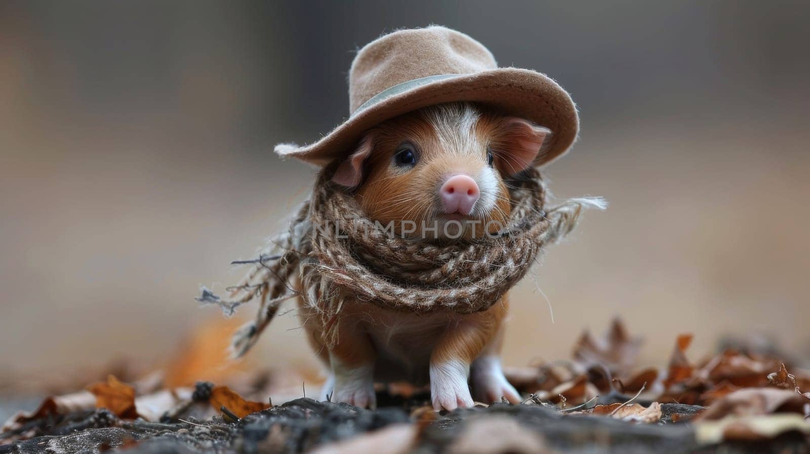 A small guinea pig wearing a hat and scarf on the ground, AI by starush