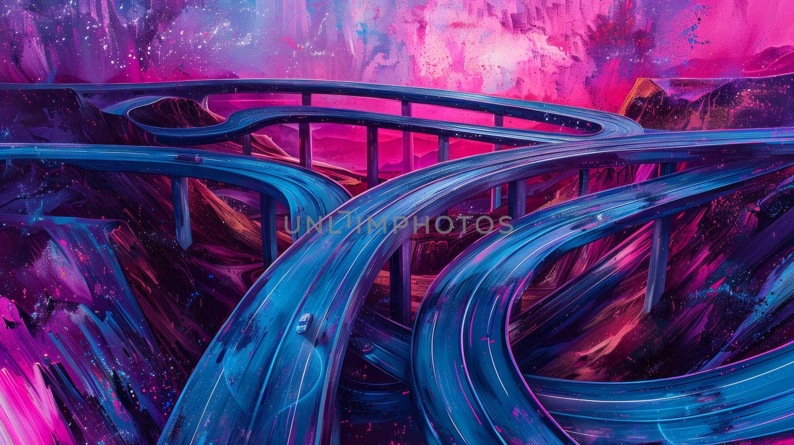A painting of a highway with many curves and twists