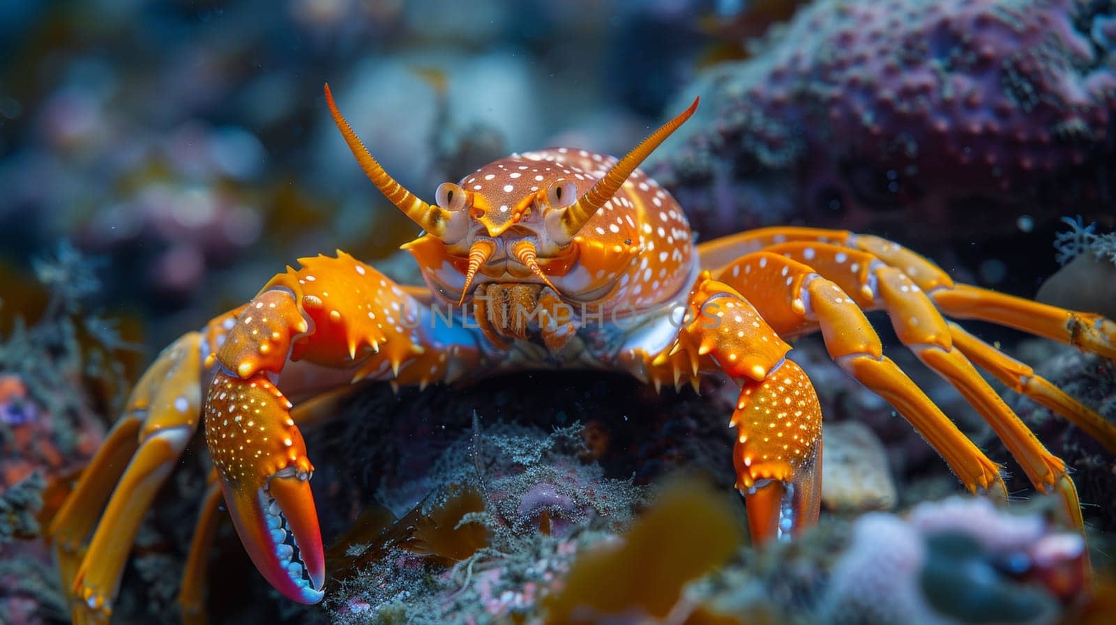 A crab with orange and yellow spots on its body is sitting in the water