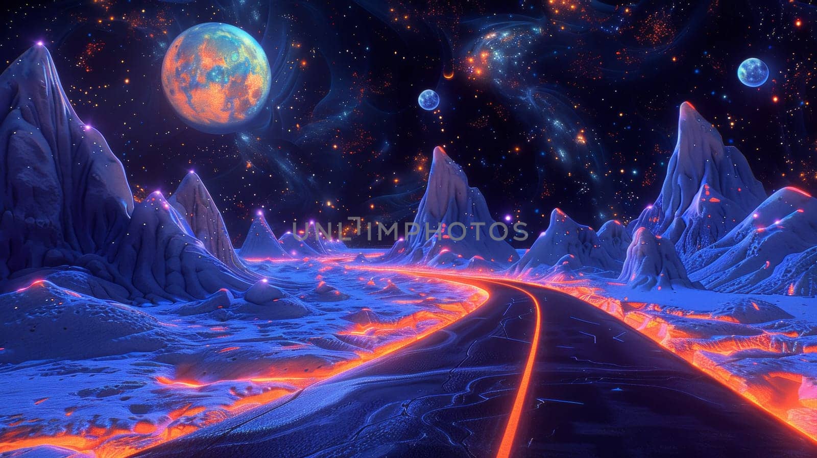 A futuristic landscape with a road leading to the moon
