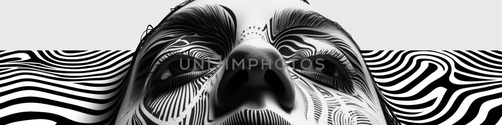 A black and white photo of a face with zigzag patterns, AI by starush