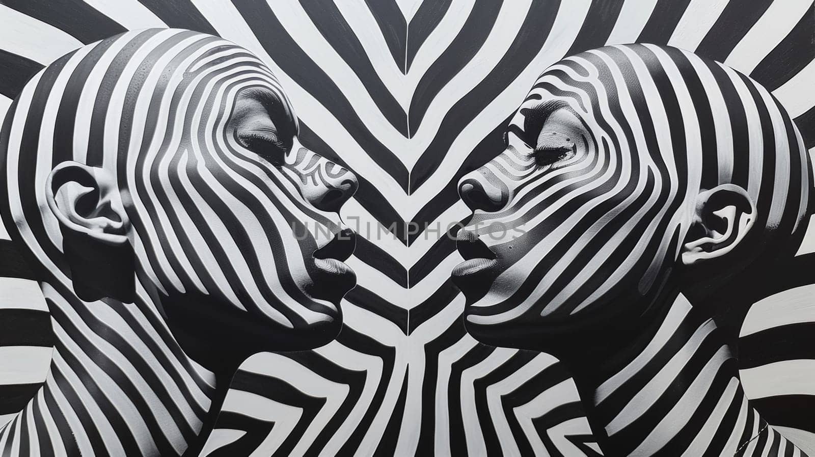 Two black and white portraits of two people kissing each other
