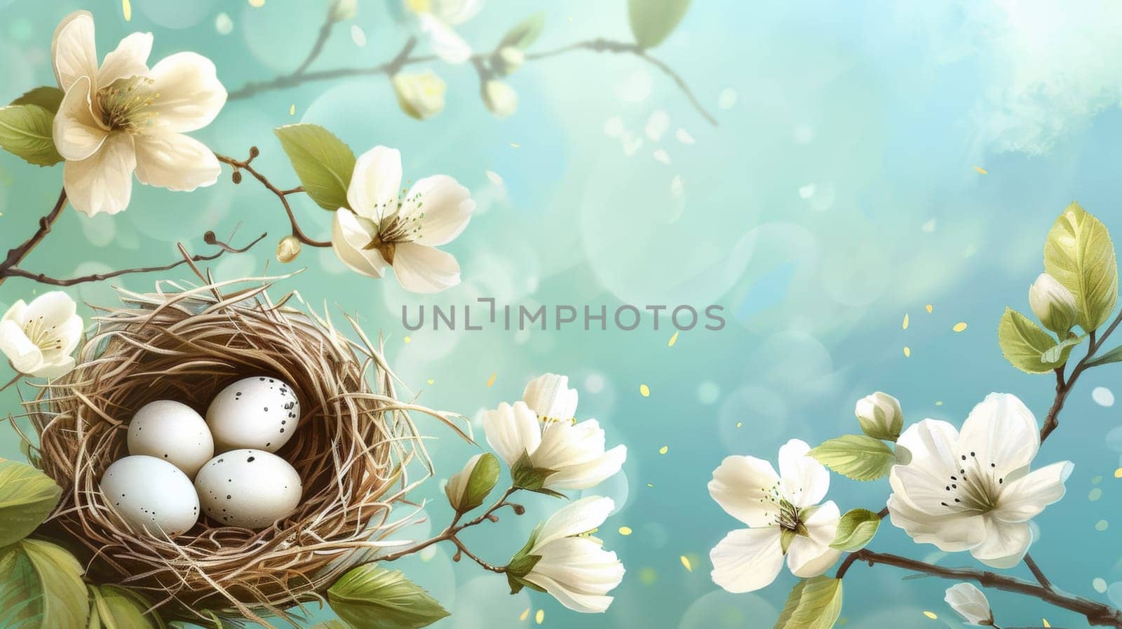 A painting of a bird nest with eggs in it on top of flowers
