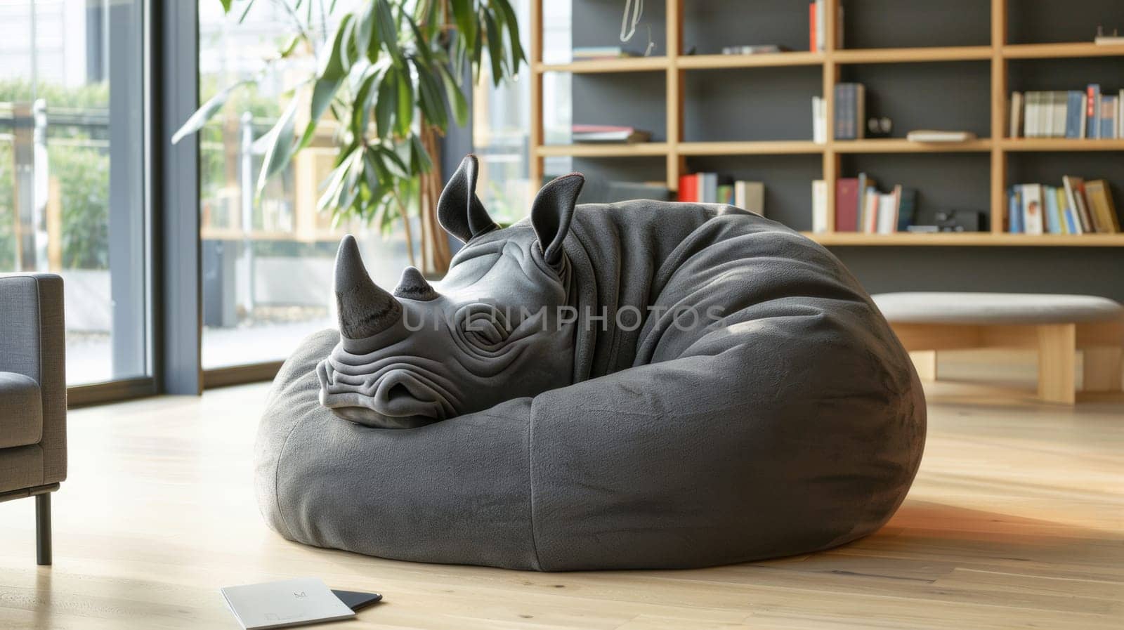 A rhino shaped bean bag chair sitting in a living room, AI by starush