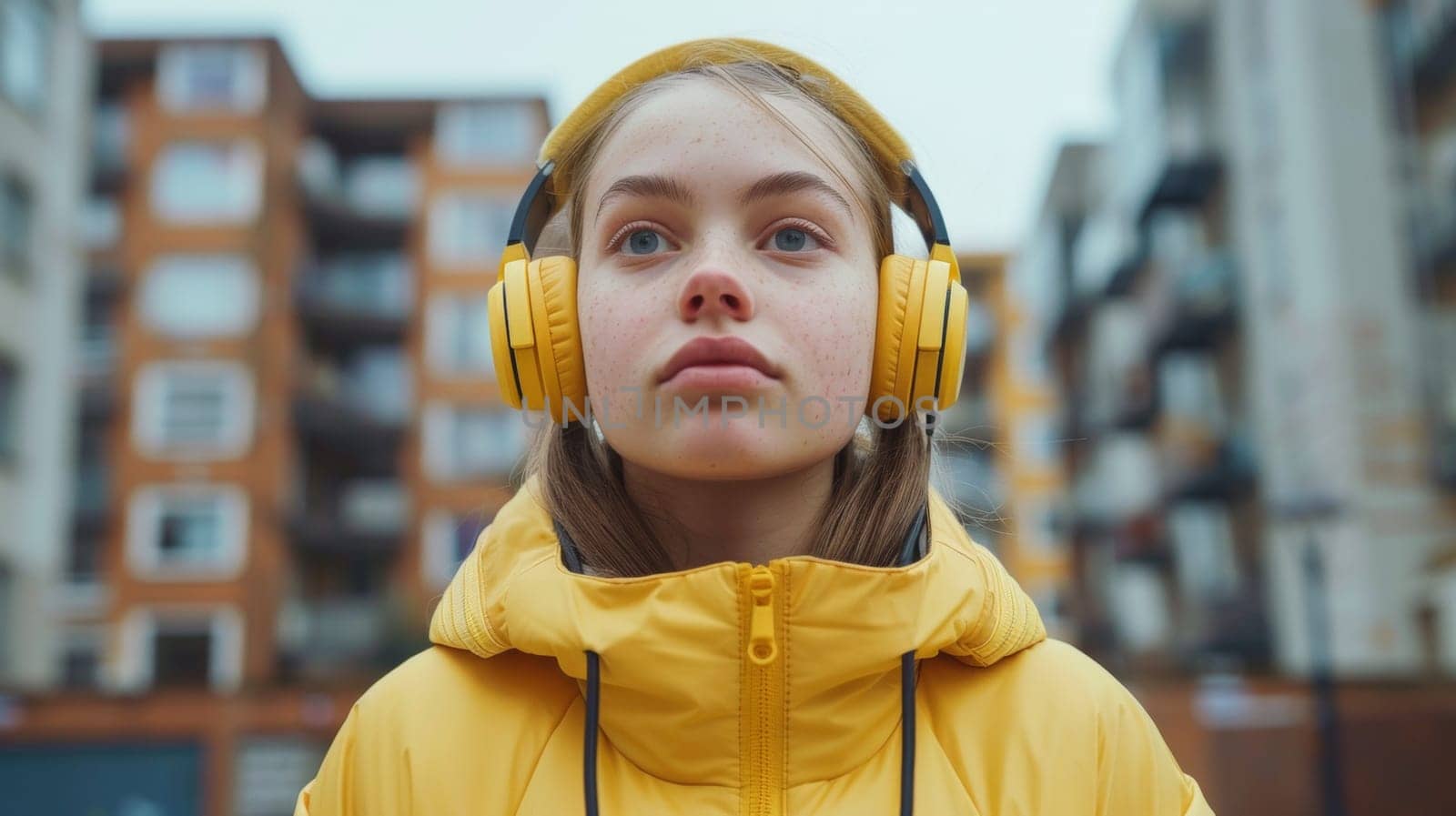 A young girl wearing yellow jacket with headphones on her head