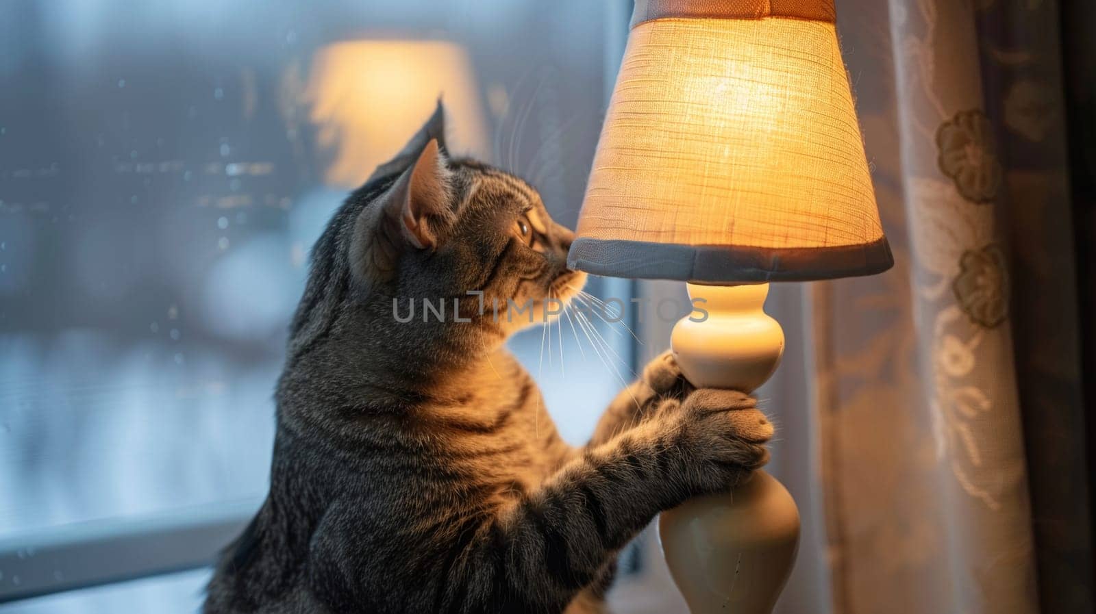 A cat is holding a lamp shade up to the light, AI by starush