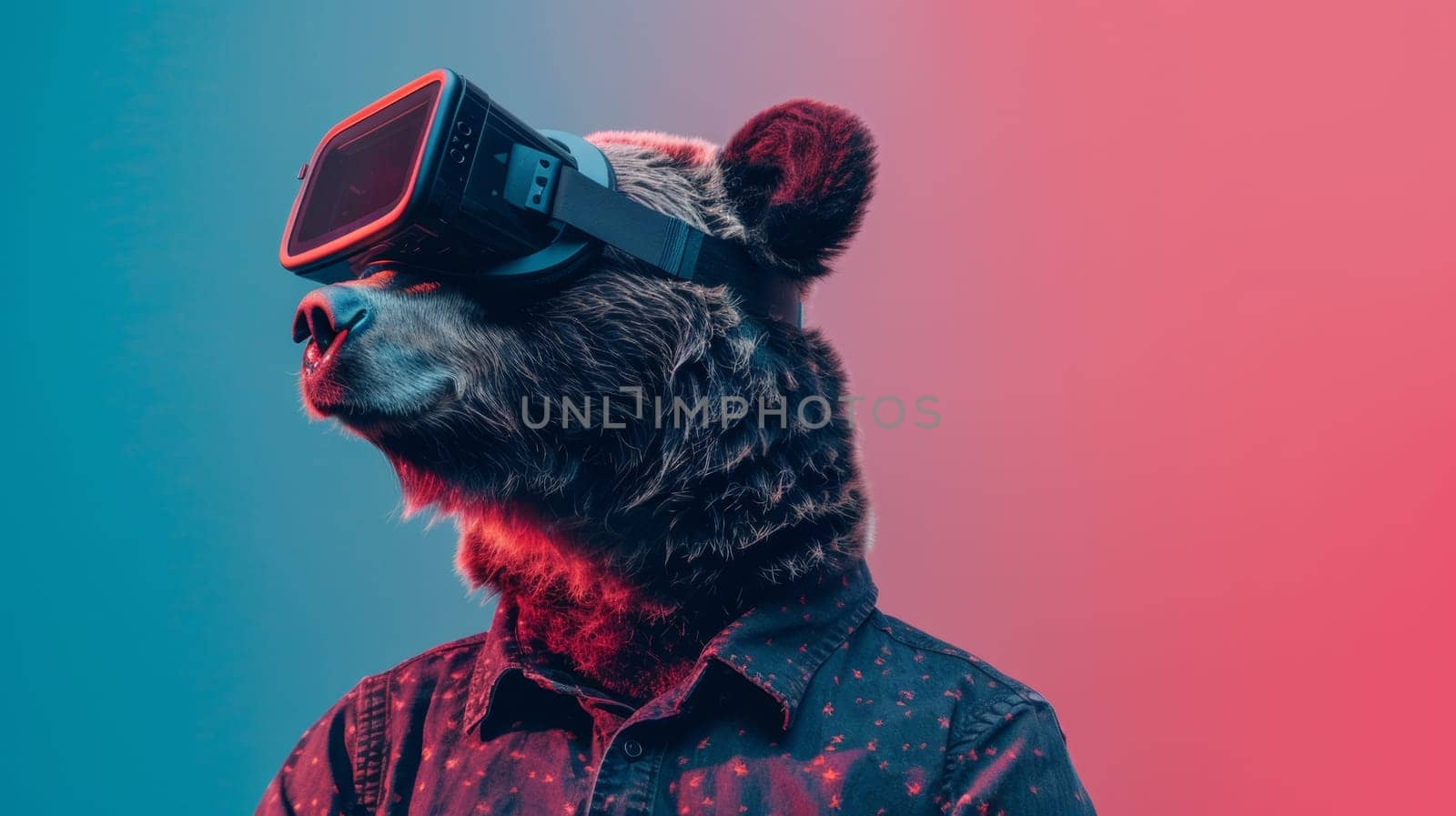 A bear wearing a vr headset with the words "i'm not afraid of anything", AI by starush