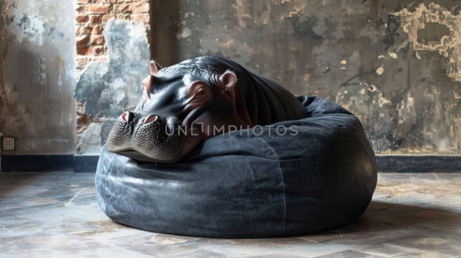 A large stuffed hippo sitting on a bean bag chair