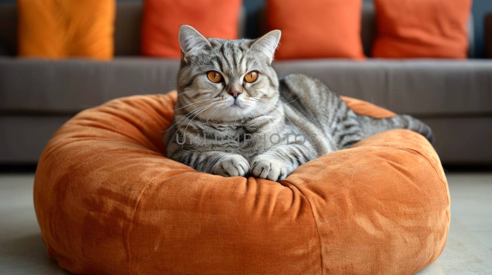 A cat laying on a bean bag in front of orange and brown couches, AI by starush