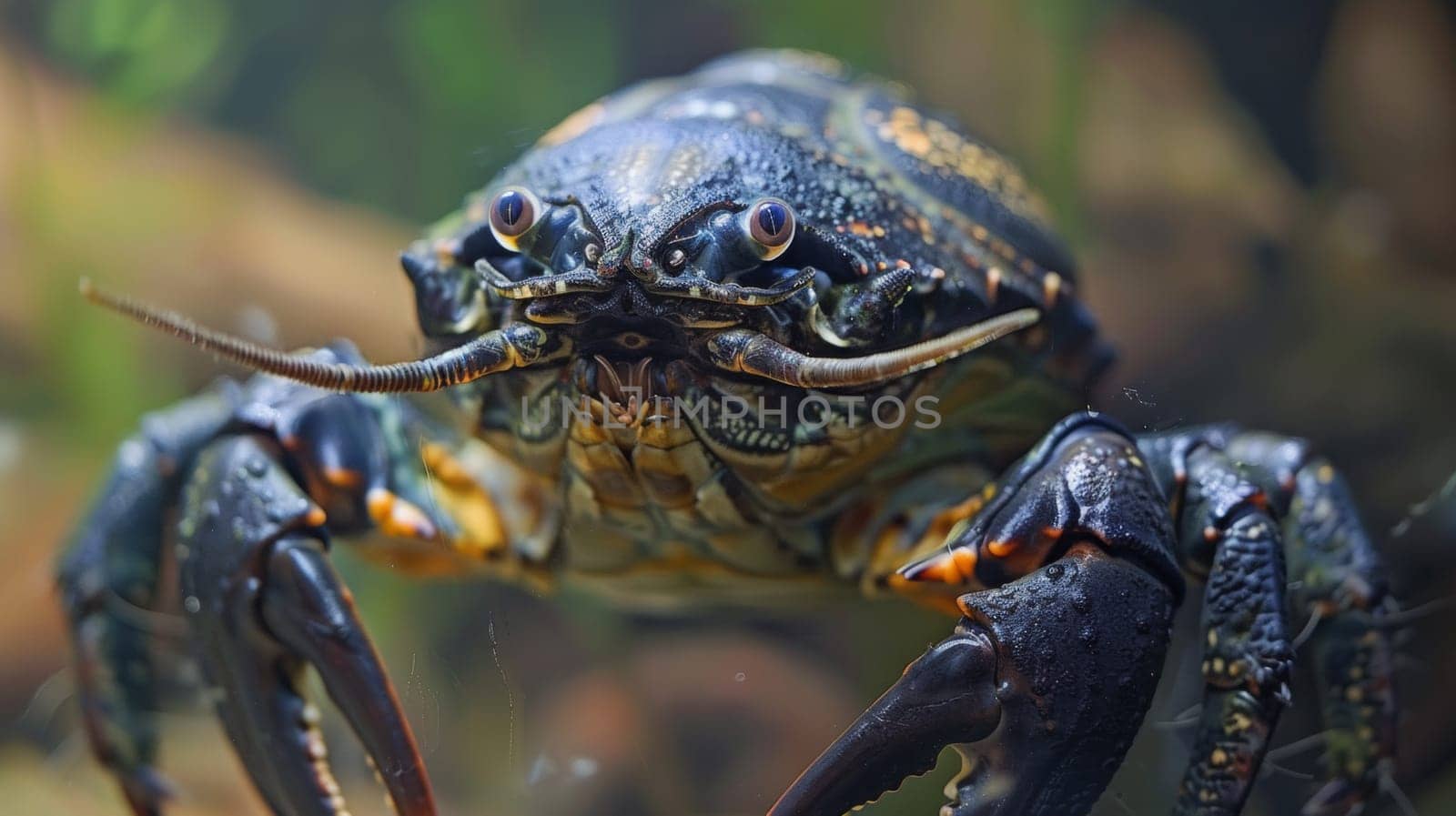 A close up of a crab with large eyes and long legs