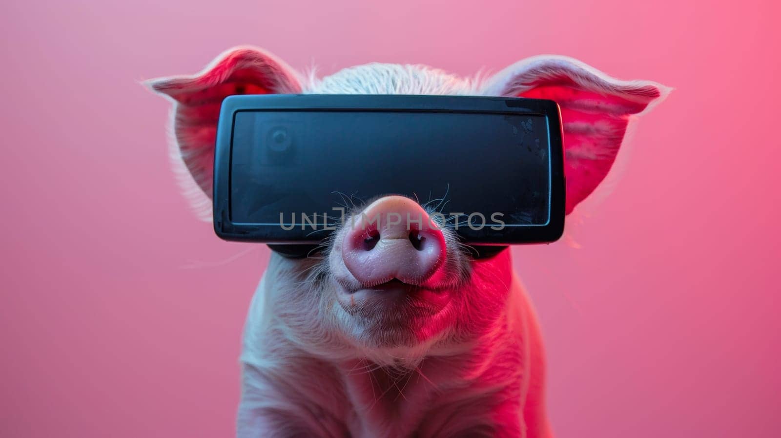 A pig wearing a pair of virtual reality glasses on its head, AI by starush