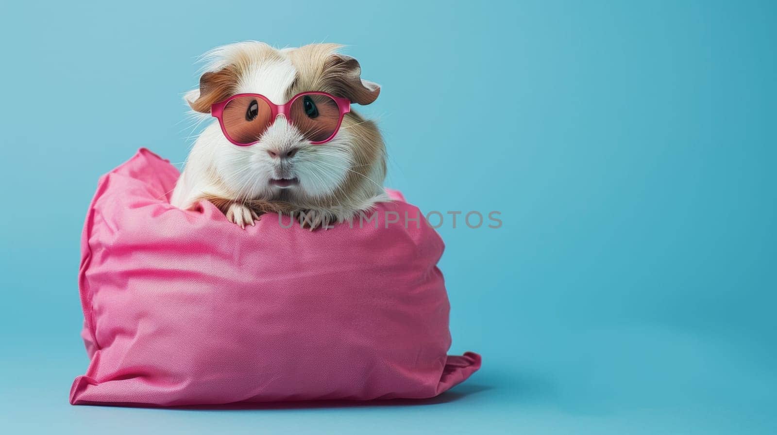 A guinea pig wearing sunglasses on a pink pillow