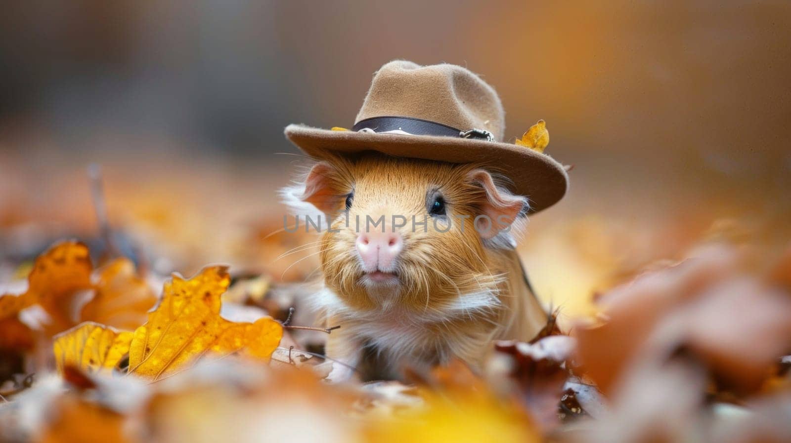 A small brown and white guinea pig wearing a hat in the leaves